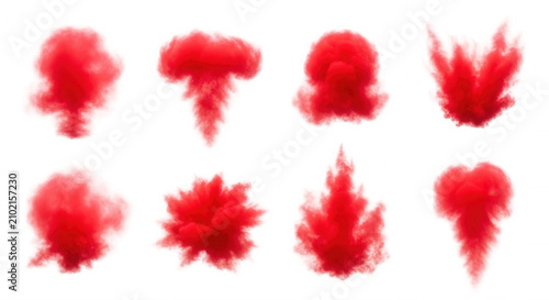 explosion of red powder bursts against a white background simulating smoke or impact effects abstract design