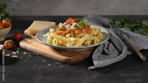 Konstfotografi Penne Pasta with Tomato Sauce and Shaved Parmesan Cheese on a Ceramic Plate