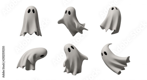 3d render of white ghost figures posed on white background halloween spooky or costume design