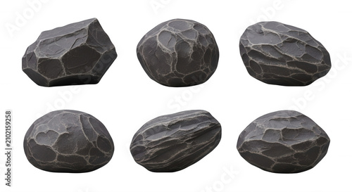 set of six irregularly shaped dark gray stone objects arranged on a white background textures for design or educational purposes