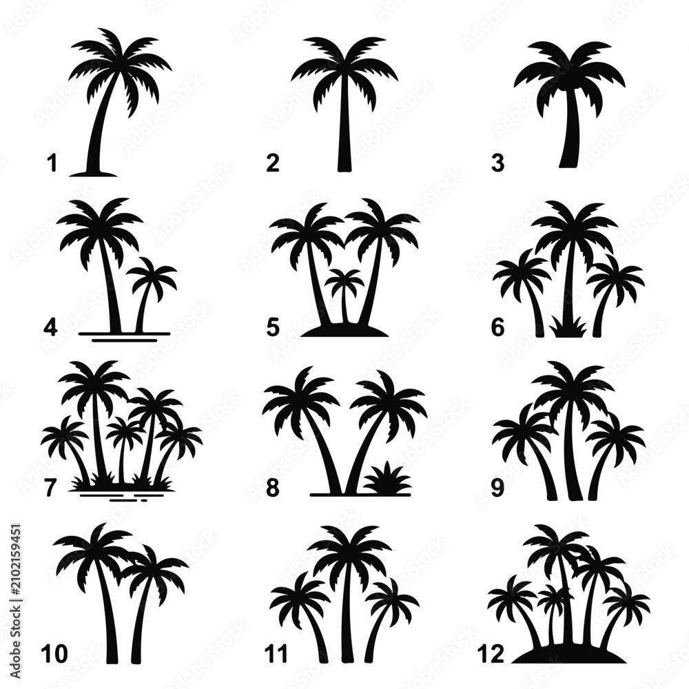 Fototapeta premium Collection of Twelve Black and White Palm Tree Illustrations for Design