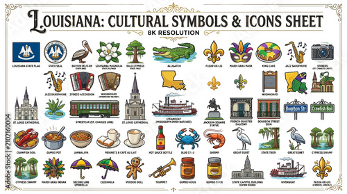 Louisiana cultural symbol icon sheet featuring state landmarks, local food, and southern traditions on a clean white background