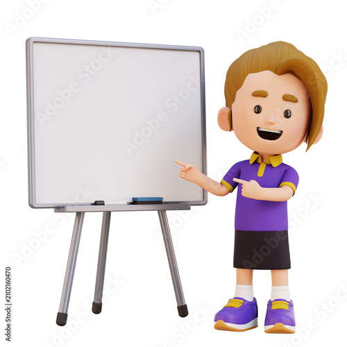 3D Little Girl Pointing at Whiteboard Explaining Lesson Concept