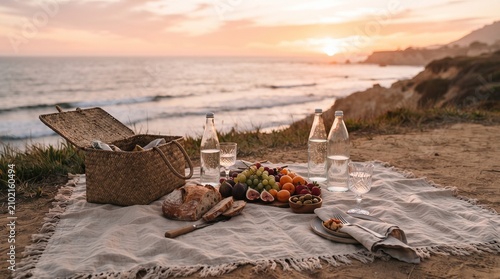 Elegant seaside picnic at sunset with fresh food and warm natural light in a relaxing vacation setting.