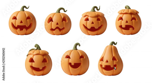 set of carved orange gourds smiling on a white background spooky halloween holiday decorations possible for holiday designs