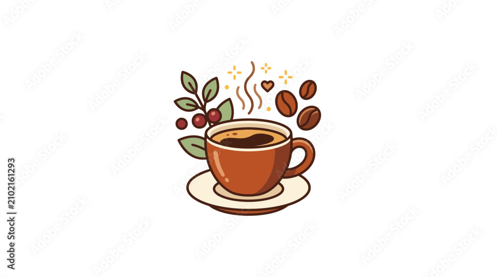 Fototapeta premium Hand-drawn steaming cup of coffee with beans and plant illustration