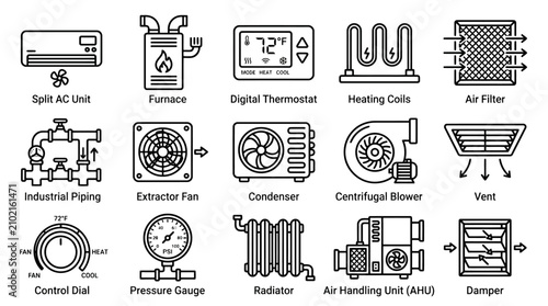 Fotografía HVAC system line icons set, 15 heating and cooling equipment symbols, industrial