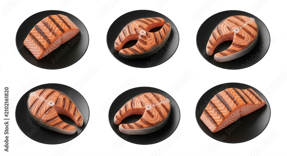 Fototapeta premium grilled salmon slices presented on black plates against a white backdrop culinary visuals