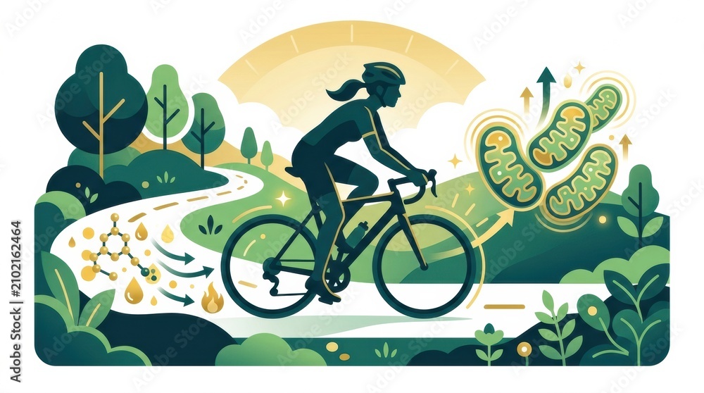 Obraz premium A cyclist rides on a winding path through a green landscape with symbols of health and longevity visible in the background in a sunny setting.