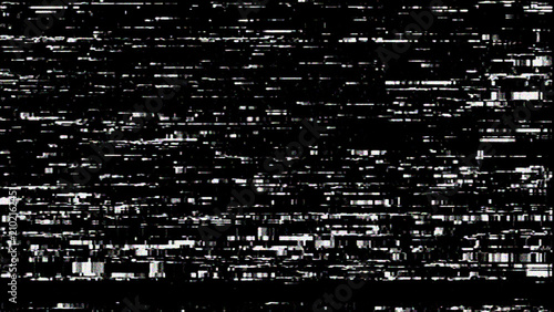 Canvas Print Abstract digital glitch art black background with heavy white static noise and severe pixel distortion effect, overlay asset