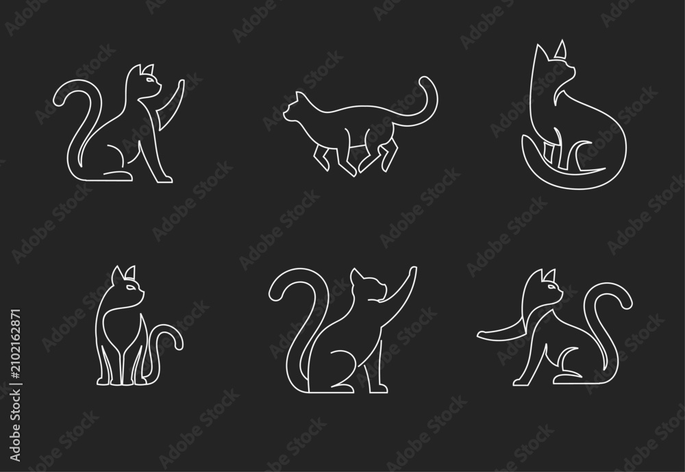 Fototapeta premium Minimalist White Line Art Cat Illustrations Set on Black Background. Collection of Stylized Feline Outline Icons in Various Poses for Graphic Design Projects.
