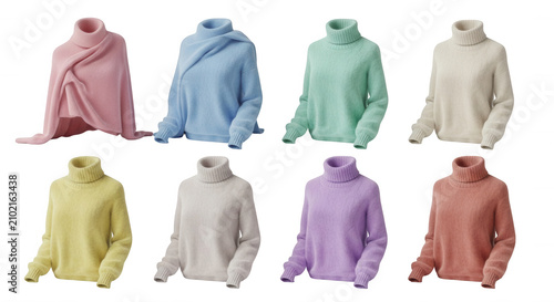 colorful turtleneck sweaters displayed in a studio setting various apparel styles for fashion and clothing marketing