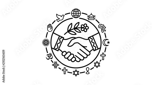 Foto Interfaith world peace handshake with global religious symbols.