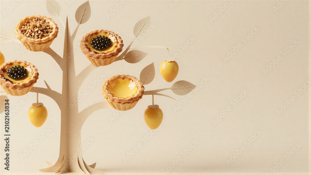 Obraz premium Pastries hang like fruit from a paper tree, golden and inviting.