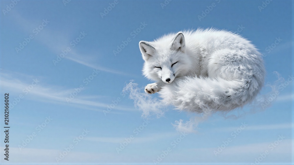 Fototapeta premium White fox sleeps peacefully on a cloud against a clear blue sky.