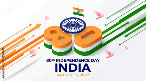 Fotografía 80th India Independence Day celebration vector, August 15 2027 commemorative ban
