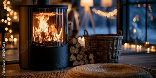 Modern wood burning stove with bright fire in cozy living room with warm bokeh lights, concept for winter interior design, comfortable home advertising and lifestyle blog