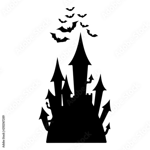 Foto Dark Haunted Castle Silhouette with Flying Bats.