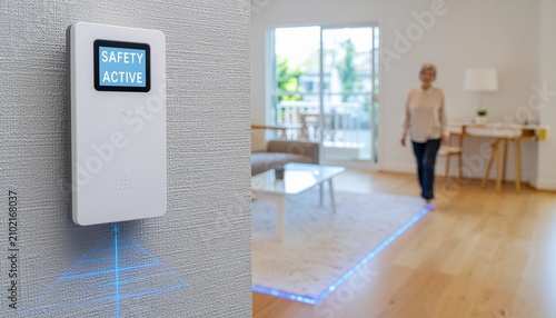 Elderly fall alert system in home. Senior woman monitored by smart AI safety technology.