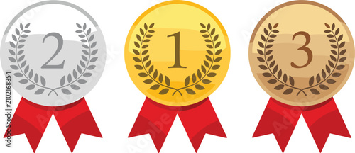 Принти на полотні Gold Silver Bronze Medals With Red Ribbons And Laurel Wreaths Keywords: medal, a