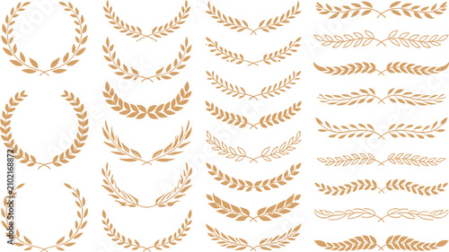 Фотография Golden Laurel Wreaths and Decorative Branches on White Background Keywords: laur