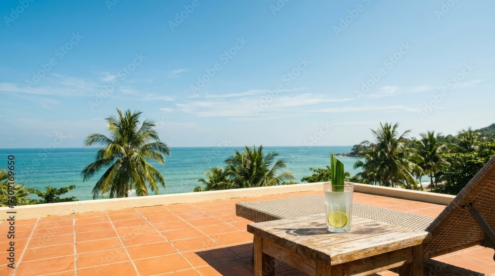 Fototapeta premium Fresh coconut water on luxury resort terrace overlooking ocean