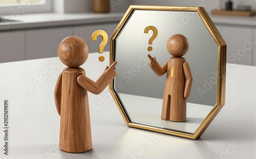 Wooden figure questions itself in mirror, symbolizing self-reflection and inner inquiry.