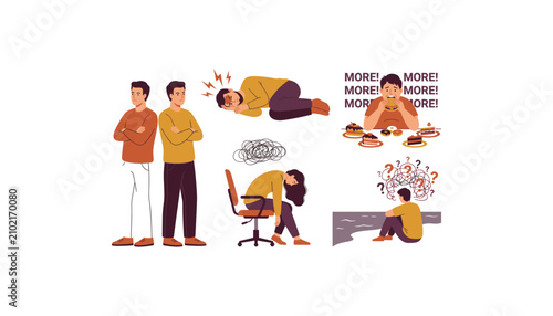 Foto Mental health problems concept vector collection showing depression, emotional b
