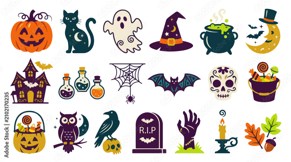 Fototapeta premium Flat Cartoon Halloween Icons Set: Spooky Holiday Symbols and Elements Collection