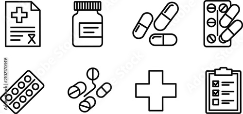 Medical healthcare and pharmaceutical supplies line art icon set