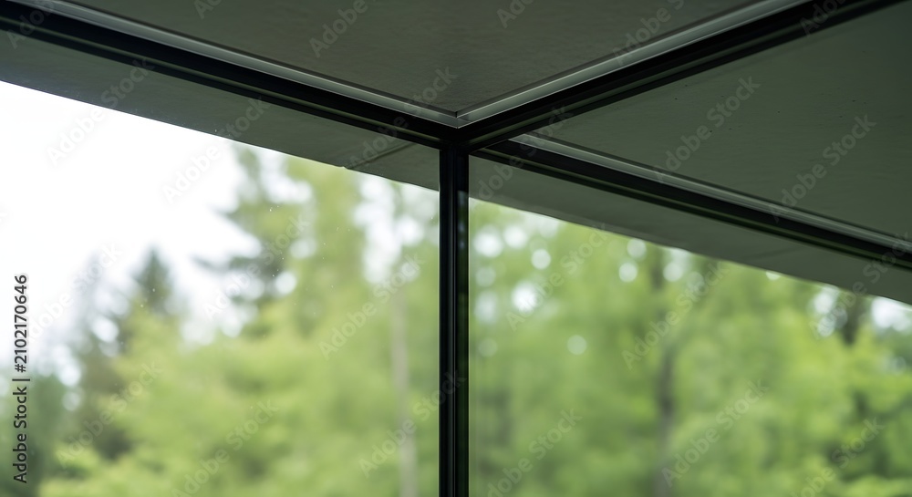 Fototapeta premium Modern architectural corner window frame looking out onto a lush green forest background.