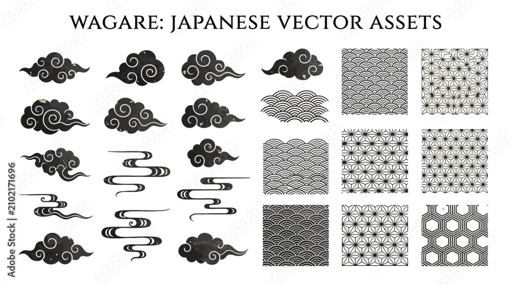 Obraz premium Traditional Japanese Vector Clouds and Mist Pattern Set. Minimalist Oriental Decorative Elements Isolated on White Background. Wide Aspect Ratio Elegant Flat Graphic Design Illustration.