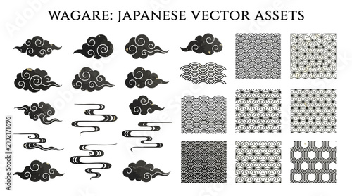 Traditional Japanese Vector Clouds and Mist Pattern Set. Minimalist Oriental Decorative Elements Isolated on White Background. Wide Aspect Ratio Elegant Flat Graphic Design Illustration.