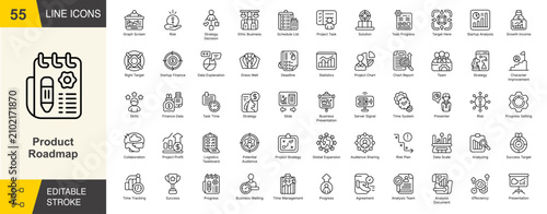 Product Roadmap line editable icon set. Containing strategy decision, task progress, startup analysis, risk plan, project strategy, deadline, and more. Editable stroke. Vector illustration