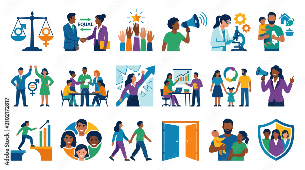 Fototapeta premium Diverse people equality vector icons, flat style, diverse industry teamwork concepts