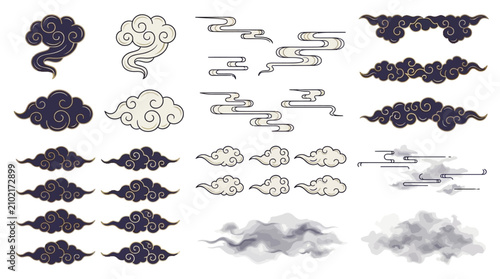 Traditional Japanese cloud and mist vector pattern set featuring minimalist oriental wavy atmospheric elements isolated on white background in wide panorama format for graphic design projects.