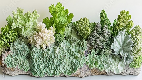 A unique arrangement of textured plants in varying shades of green.