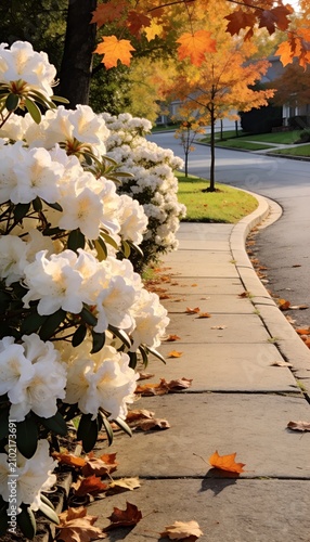 White flowers blooming by suburban sidewalk with autumn leaves in warm light