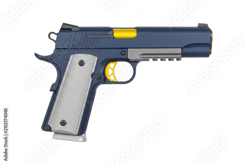 Obraz na płótnie Custom Navy Blue and Gold 1911 Pistol with Silver Grips and Accessory Rail