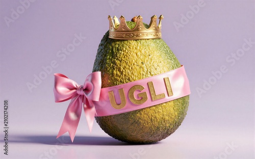 A crowned, ribboned ugly fruit symbolizes regal yet unattractive beauty.