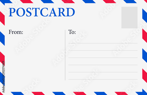 Fotografía Blank airmail postcard template with red and blue striped border, sender, and recipient lines