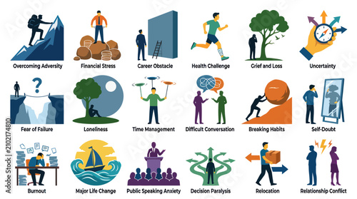 Flat Icons Representing Life Challenges: Health, Stress, Loneliness, Career, Relationships