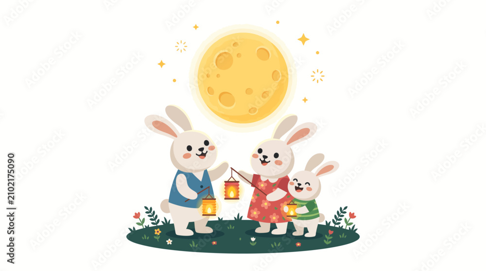 Fototapeta premium Cute Rabbit Family Celebrating Mid Autumn Festival with Glowing Lanterns Under Full Moon