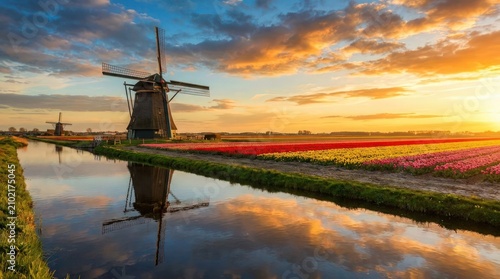 Dutch windmill by tulip fields at sunset. Traditional Holland landscape with spring flowers.