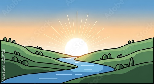 Sunset over solar panels field landscape.
