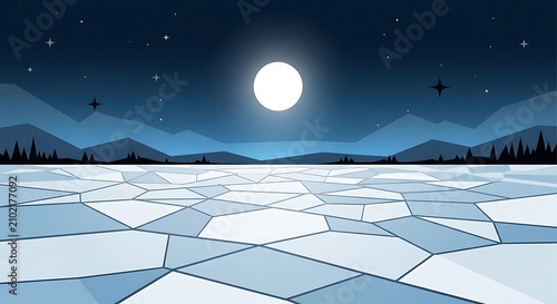 Snowy mountain landscape under bright full moon.