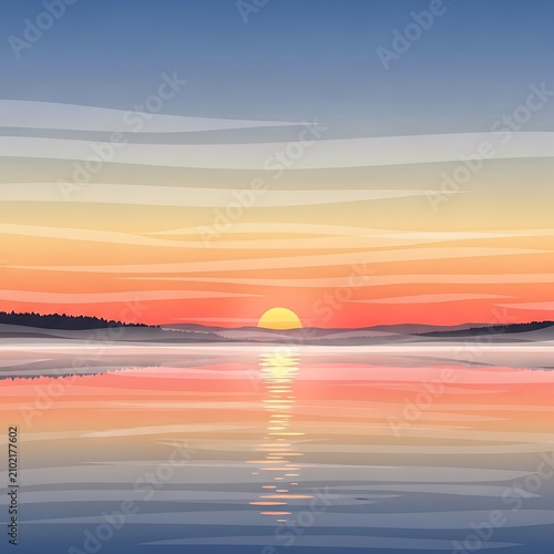 Golden sunset over calm ocean horizon.