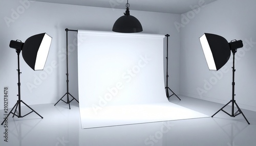 Photography studio setup with lights and backdrop