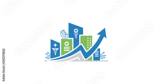 Medical facility growth chart with hospital buildings