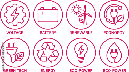Collection of circular eco friendly energy and green technology outline icons with renewable technology sustainable environment electricity conservation recycling innovation electric graphics